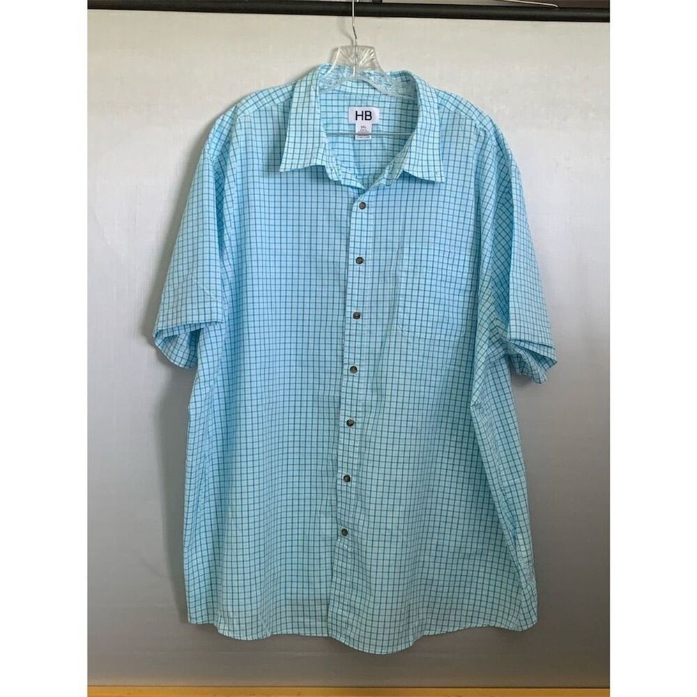 HB Men's 3XL Blue Plaid Short Sleeve Button-Up Shirt Casual